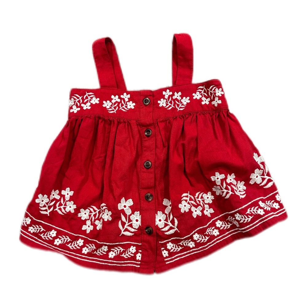 Old Navy Red and White Embroidered Tank Top with Pleated Bodice